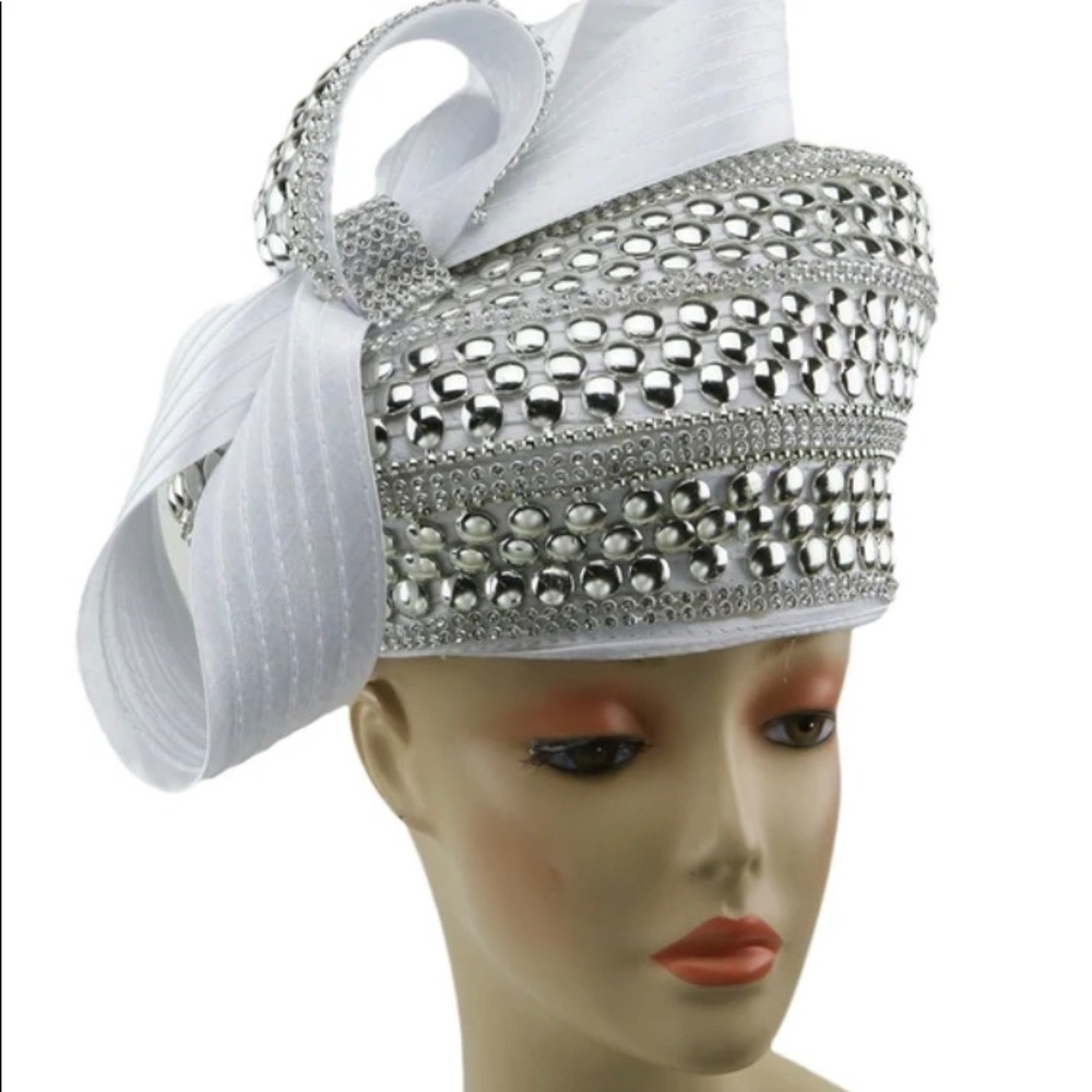 New Stunning CHARM NY SILVER WHITE Rhinestone Pillbox Church Derby Hat